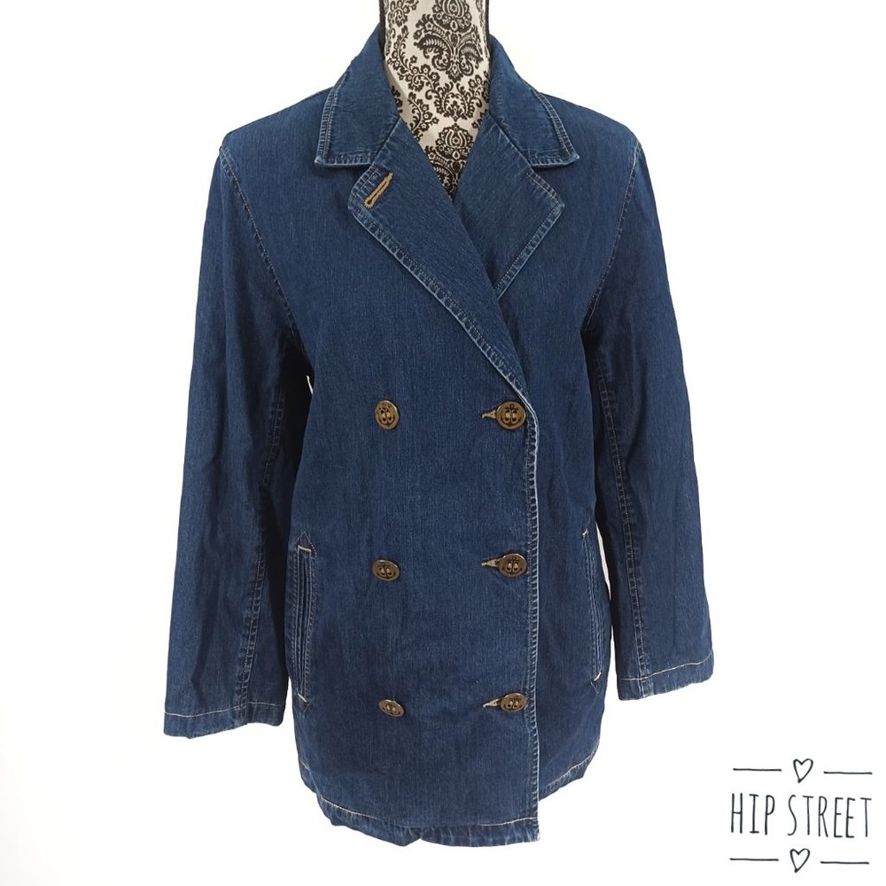 LIZ CLAIBORNE PETITE Double Breasted Denim Pea Coat Jacket PM